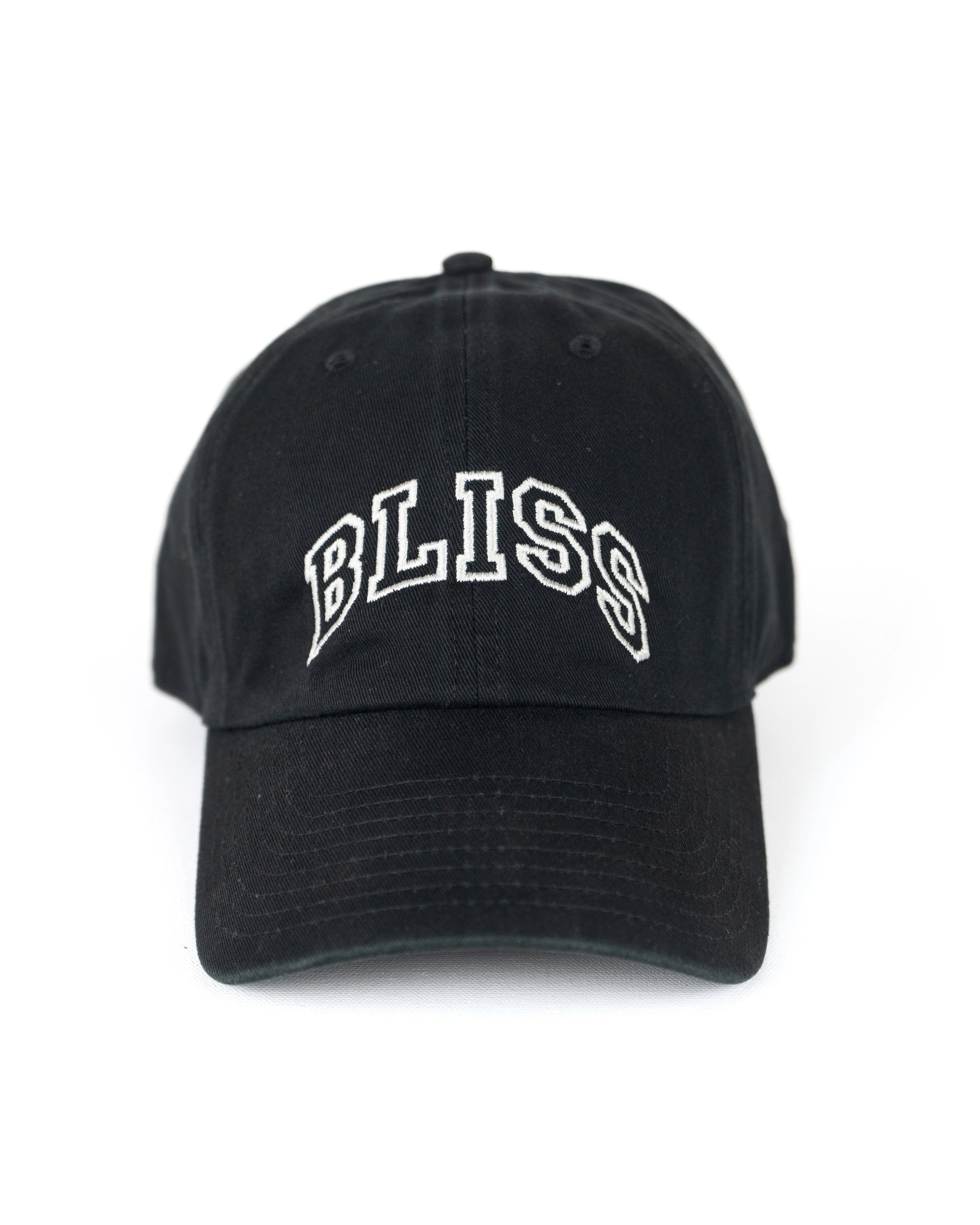 Black BLISS cotton baseball cap by Henry Johnson with embroidered collegiate-style lettering.