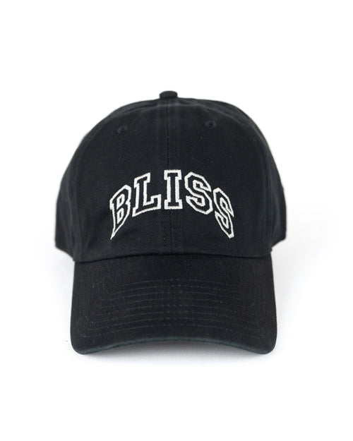 Black BLISS cotton baseball cap by Henry Johnson with embroidered collegiate-style lettering.