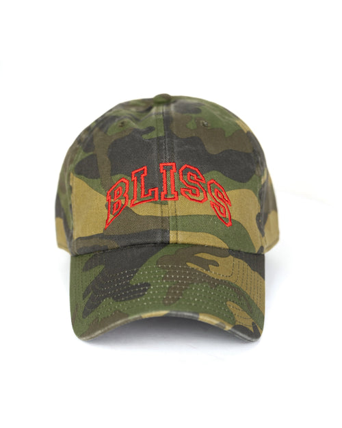 Camo BLISS cotton baseball cap by Henry Johnson with embroidered collegiate-style lettering.