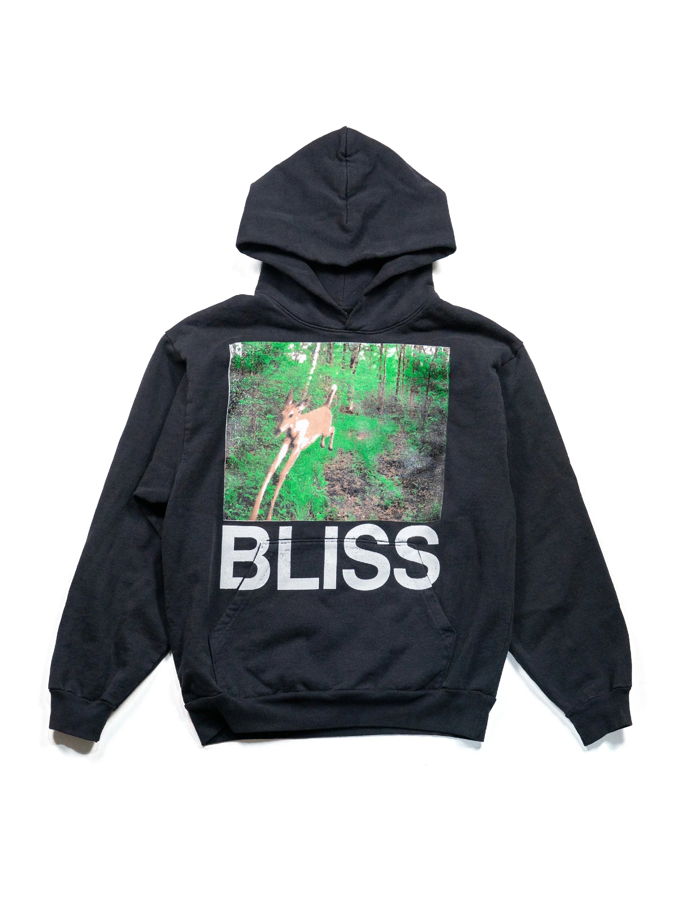 Black hoodie with a deer graphic and 'BLISS' text on a white background