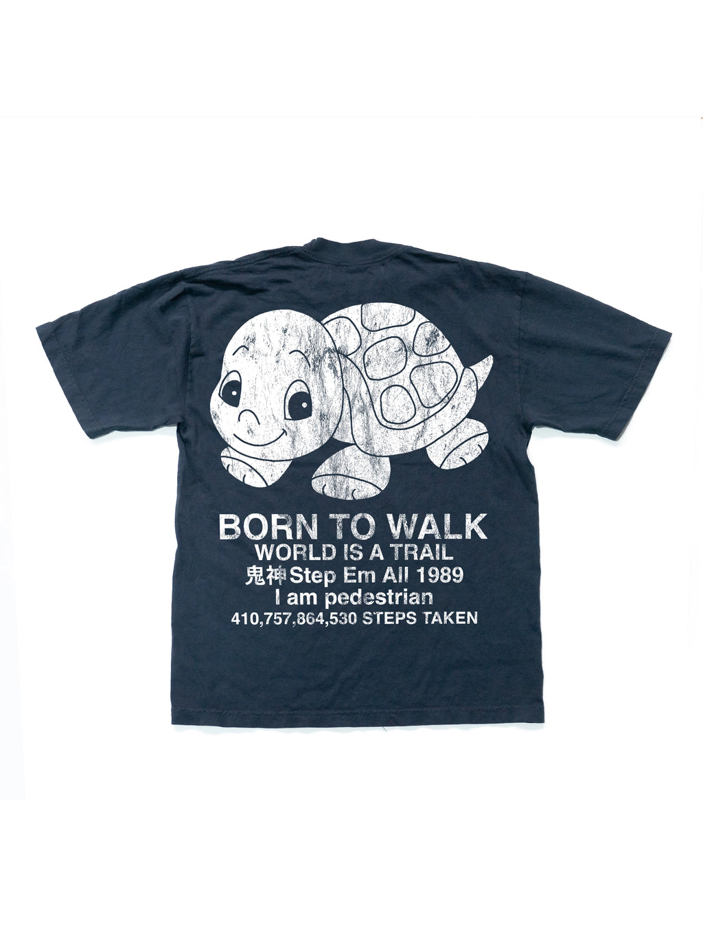 Navy blue t-shirt with a turtle graphic and text on a white background