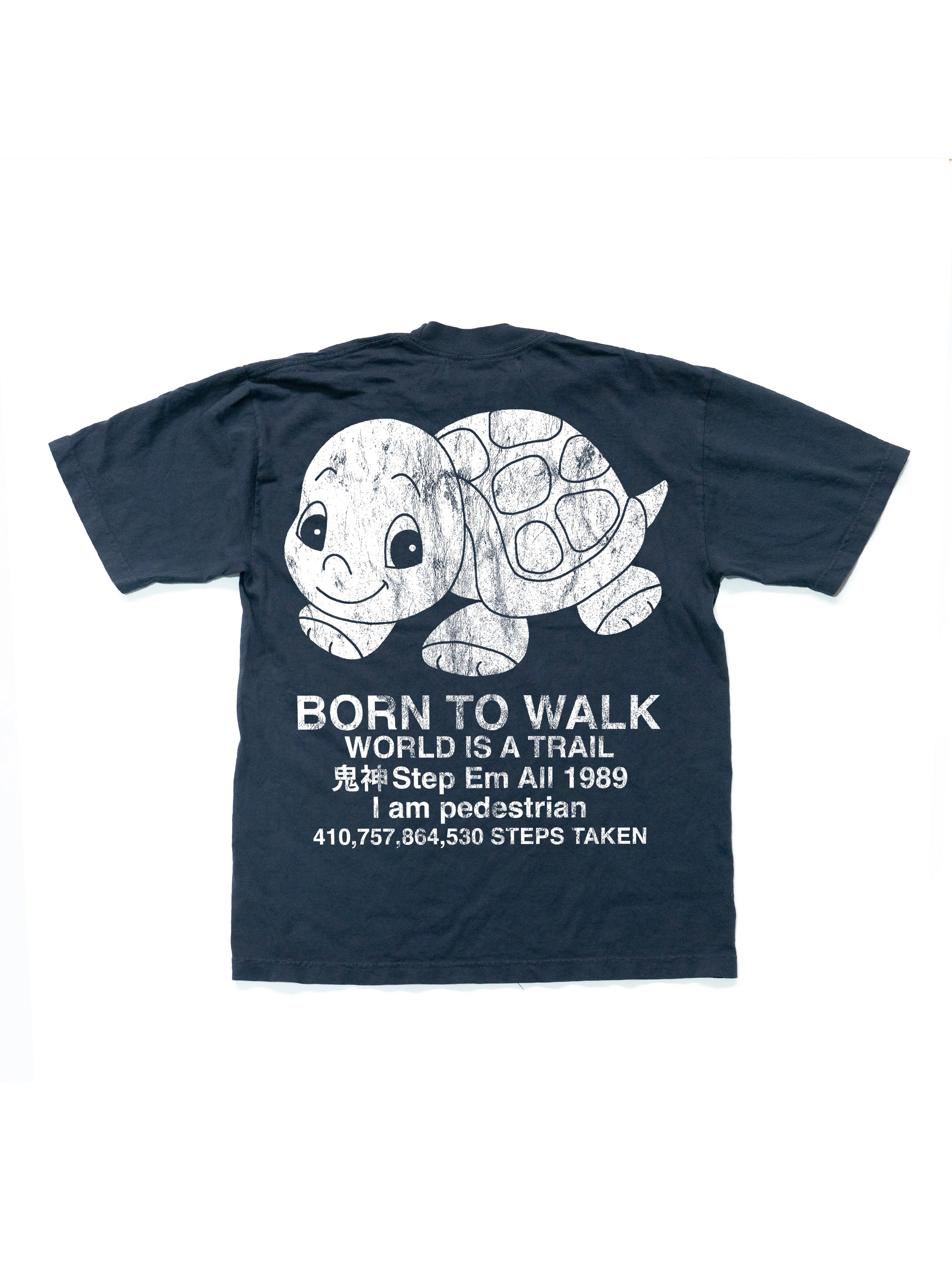 Navy blue t-shirt with a turtle graphic and text on a white background