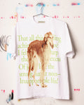 White Henry Johnson graphic tee with oversized sighthound print layered over green typography.