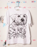 White Henry Johnson graphic tee with oversized black dog illustration and POWER lettering on the front.