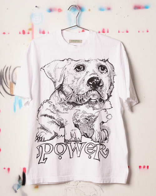 White Henry Johnson graphic tee with oversized black dog illustration and POWER lettering on the front.
