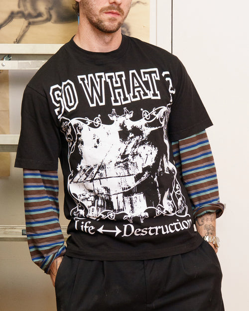 Model wearing black Henry Johnson graphic tee with oversized SO WHAT? typography, distressed artwork and Life ↔ Destruction lettering on the front.