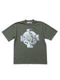 Green t-shirt with graphic design on a white background