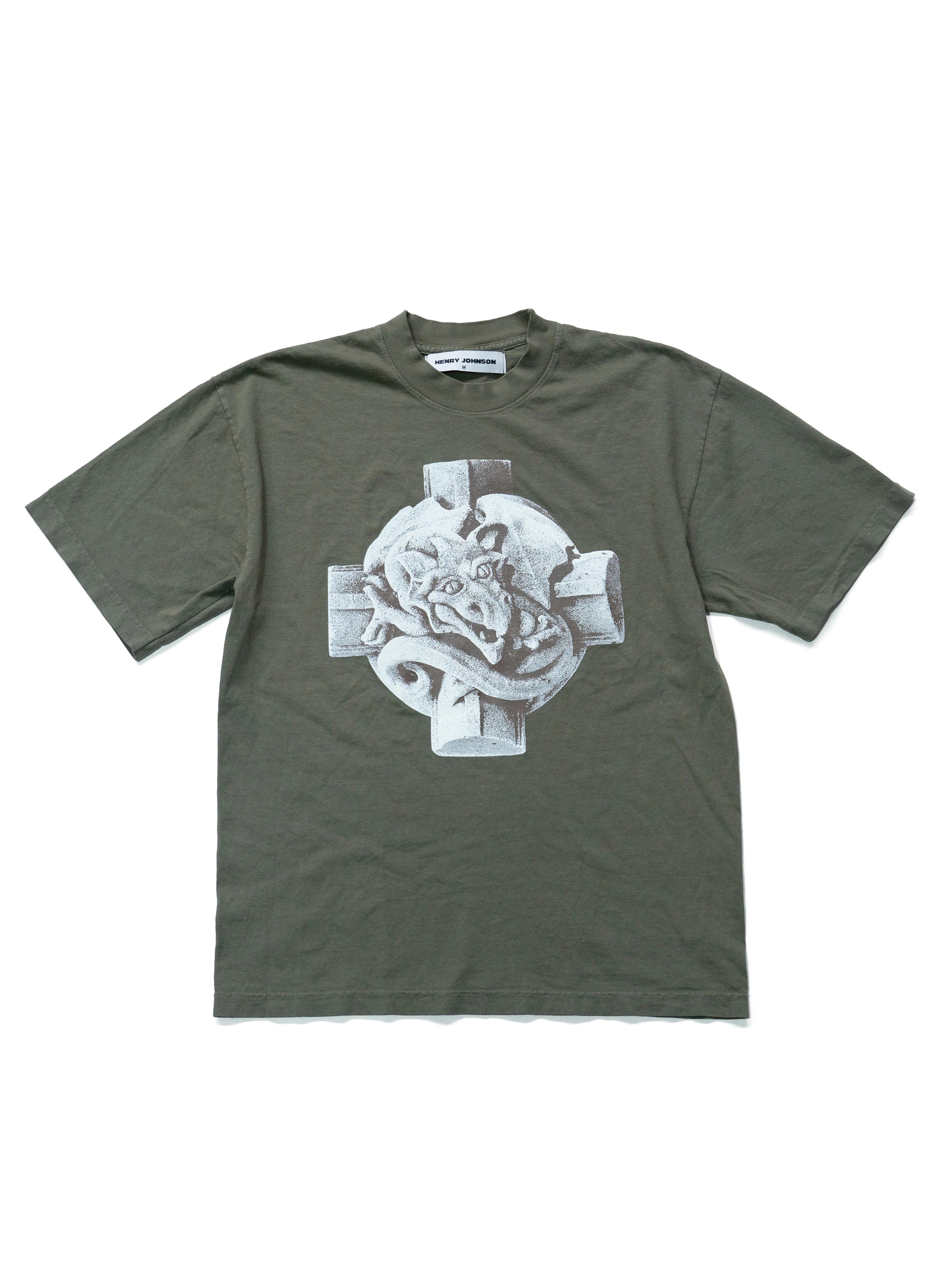 Green t-shirt with graphic design on a white background