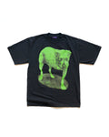 Black Henry Johnson graphic T-shirt with oversized neon green dog print on the front.