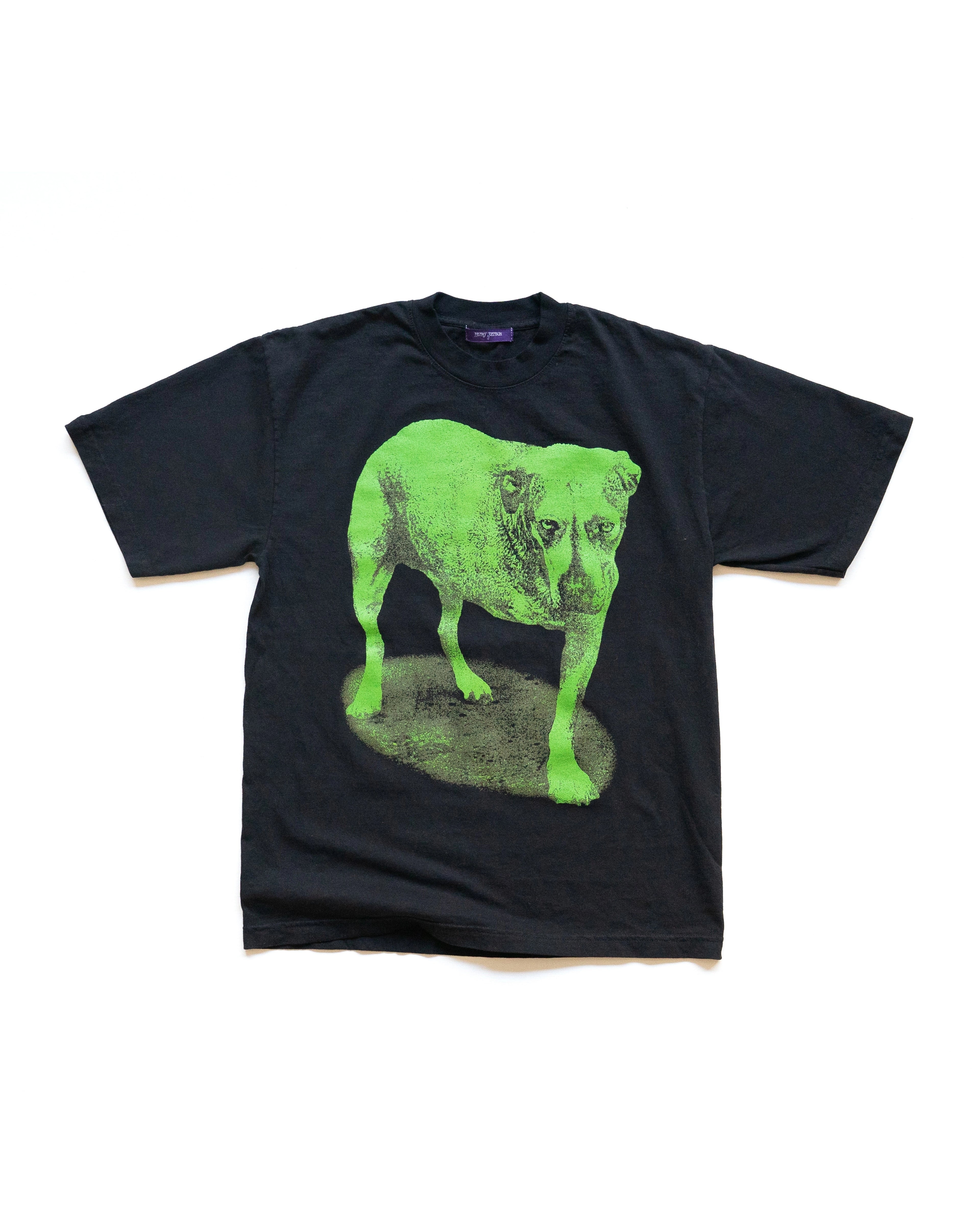 Black Henry Johnson graphic T-shirt with oversized neon green dog print on the front.