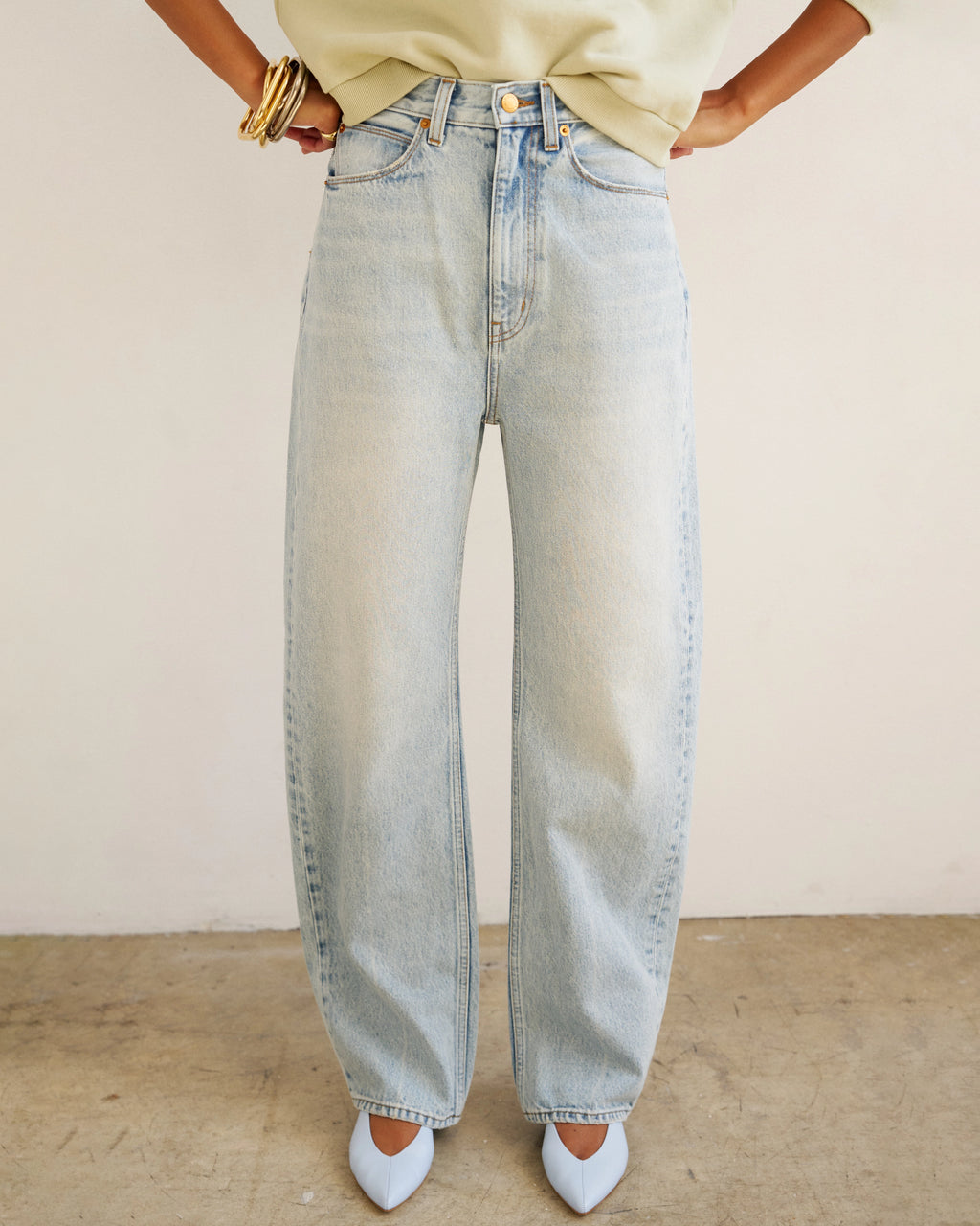 Front view of Jamie Haller Fan Jean in light stone with a high-rise tapered fit and vintage-inspired wash.
