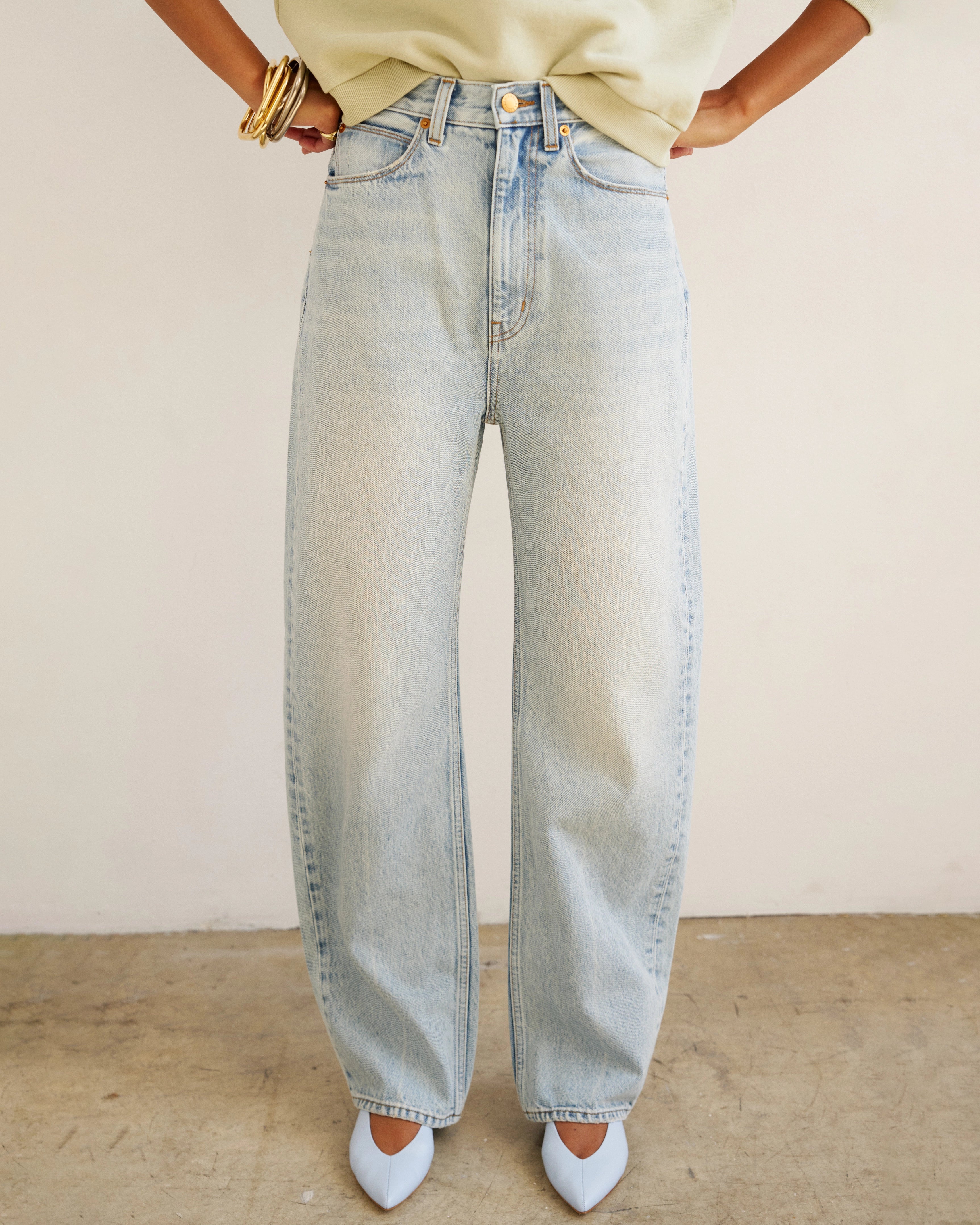 Front view of Jamie Haller Fan Jean in light stone with a high-rise tapered fit and vintage-inspired wash.