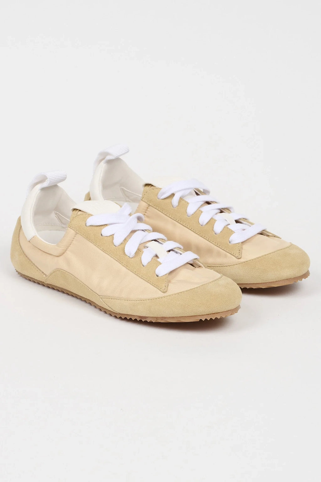 Beige Jamie Haller Sacchetto sneaker in textured Italian nylon and suede on white background