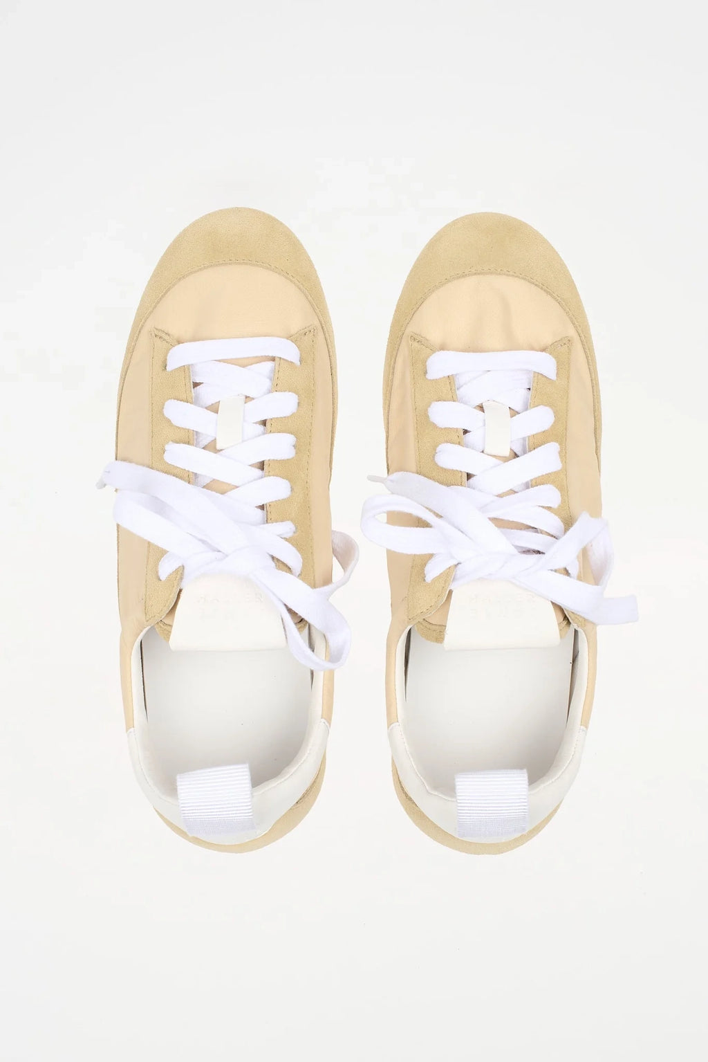 Beige Jamie Haller Sacchetto sneaker in textured Italian nylon and suede on white background