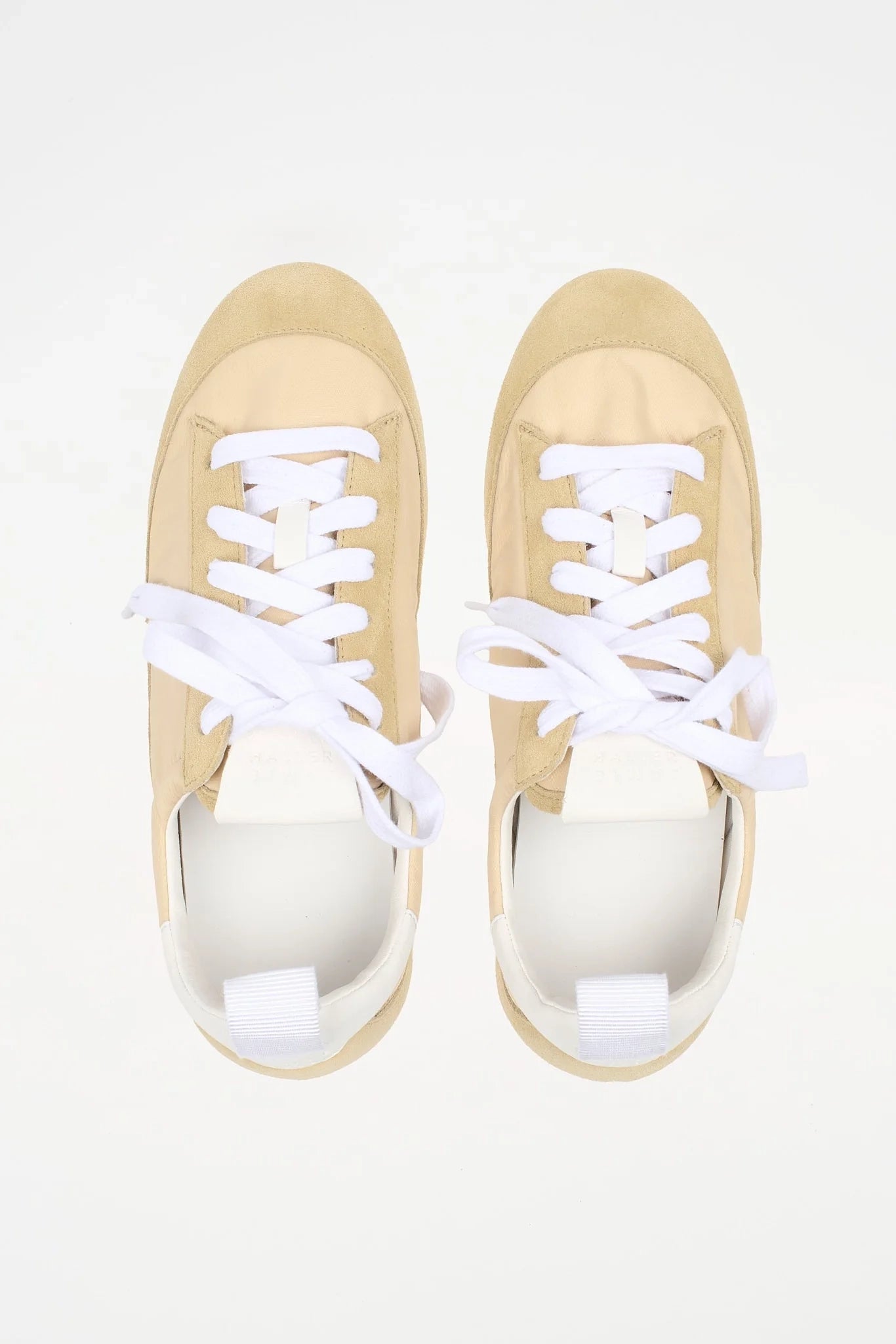 Beige Jamie Haller Sacchetto sneaker in textured Italian nylon and suede on white background