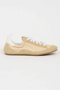 Beige Jamie Haller Sacchetto sneaker in textured Italian nylon and suede on white background