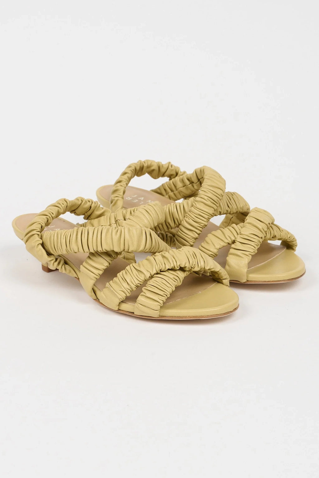 Jamie Haller scrunchie heel in butter on white backdrop