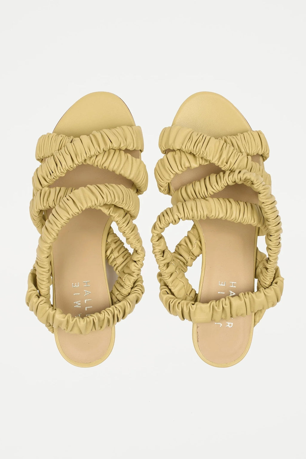 Jamie Haller scrunchie heel in butter on white backdrop