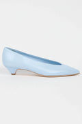Jamie Haller light blue leather pump with a soft pointed toe, enclosed silhouette and low trapezoidal heel.