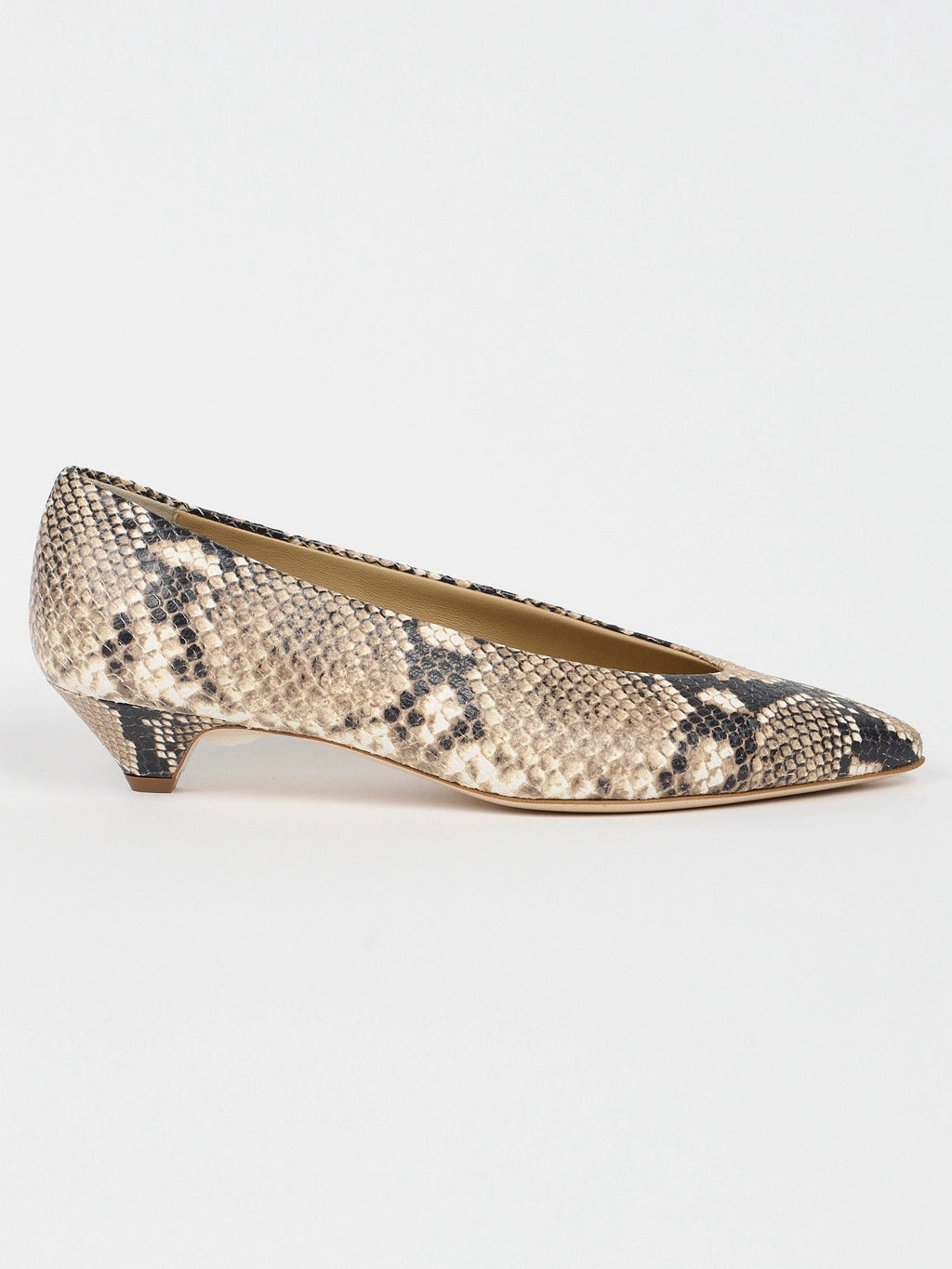 Snake print shoe on a light gray background