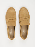 Jamie Haller unlined penny loafer in ambra suede with a warm tan tone, low-profile silhouette and flexible construction.