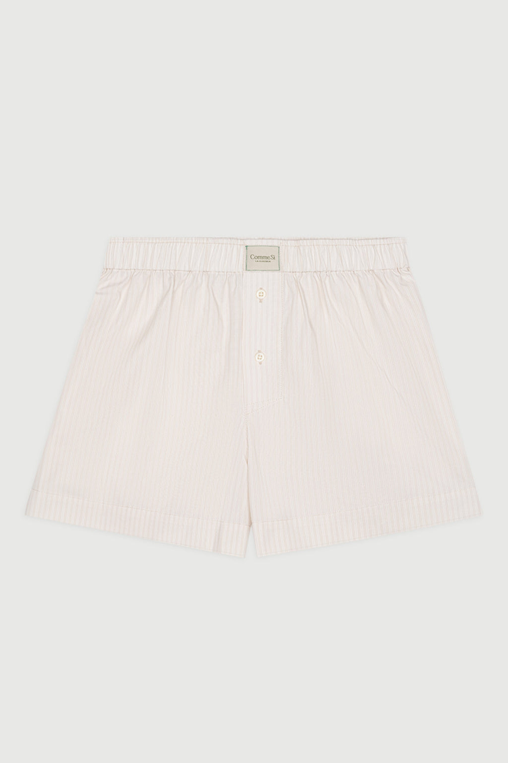 Flat lay of Comme Si La Boxer Classica in Alabaster Stripe, showing relaxed fit, covered elastic waistband, and Italian cotton poplin fabric.