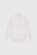 A white, long-sleeved, button-up shirt with a collar, made of cotton poplin fabric.