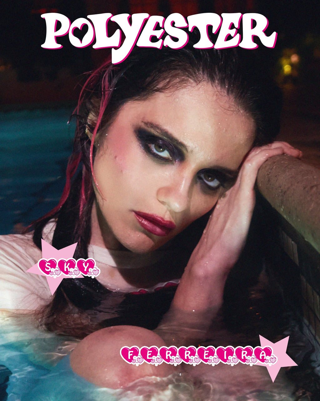 Sky Ferreira with artistic makeup and text overlay in a pool setting