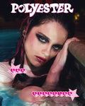 Sky Ferreira with artistic makeup and text overlay in a pool setting
