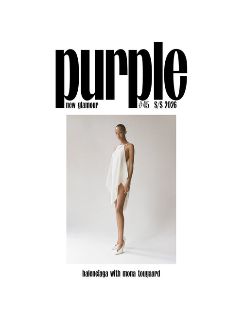 Purple Magazine issue 45 S/S 2026 cover featuring Mona Tougaard in a white draped dress and heels