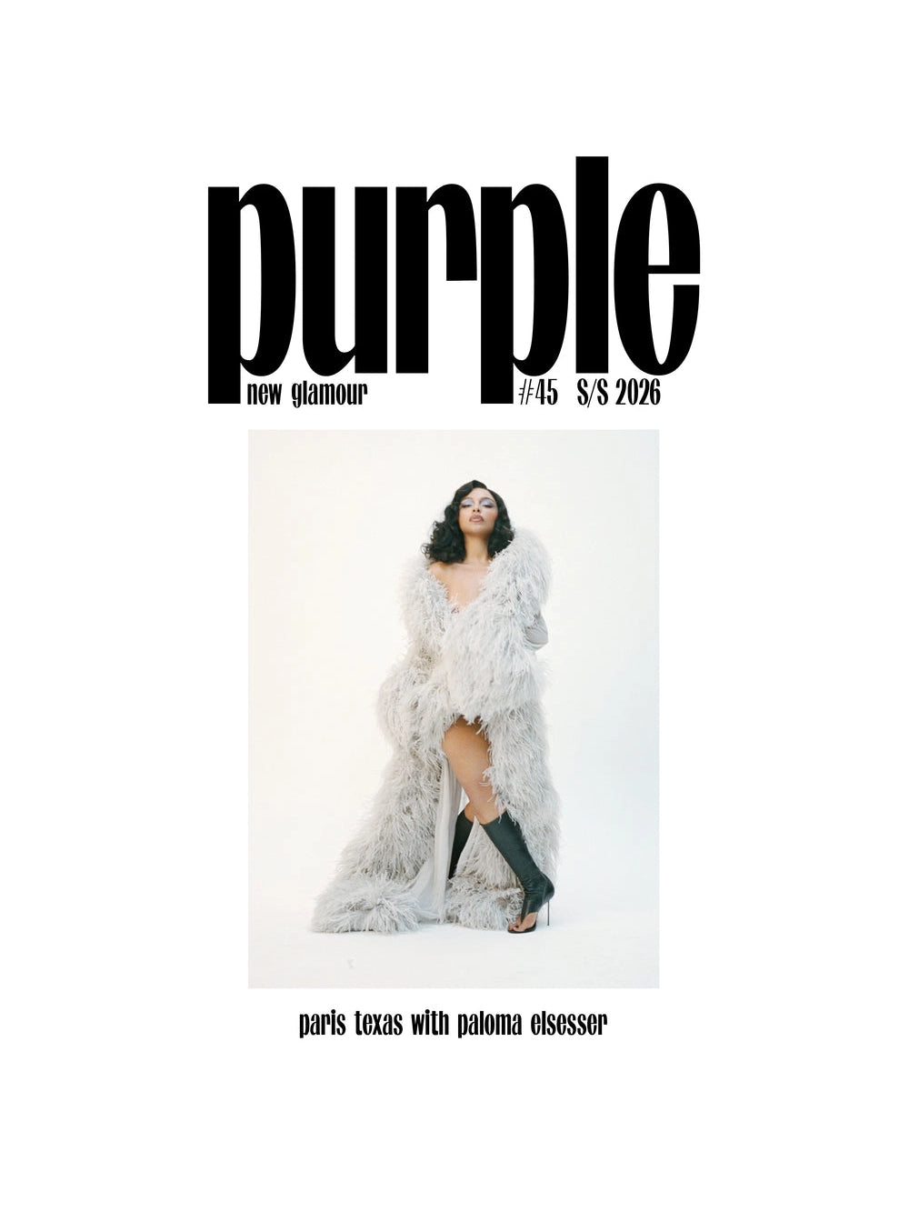 Purple Magazine issue 45 S/S 2026 cover featuring Paloma Elsesser in a white feathered coat and black boots