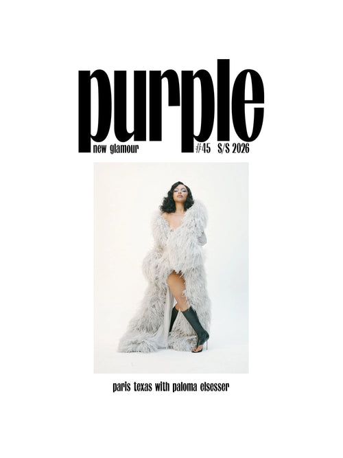 Purple Magazine issue 45 S/S 2026 cover featuring Paloma Elsesser in a white feathered coat and black boots