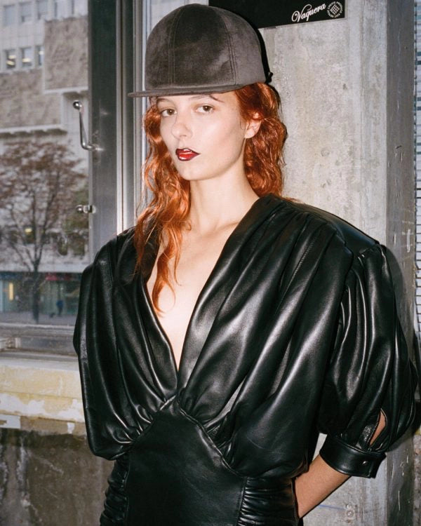 Purple Magazine issue 45 S/S 2026 woman in Vaquera black leather dress