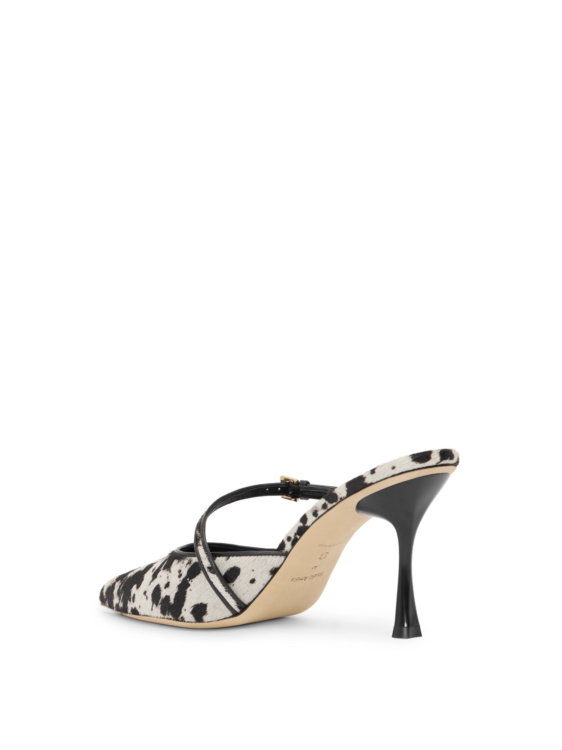 High-heeled shoe with black and white pattern on a white background