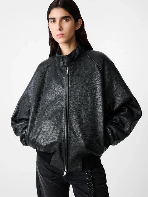 Person wearing a black leather jacket on a white background