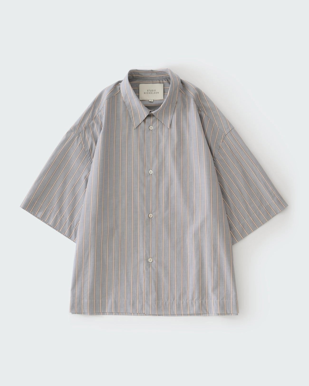 Studio Nicholson Sanko short sleeve shirt in grey and brown striped cotton with an oversized fit, point collar and button front.