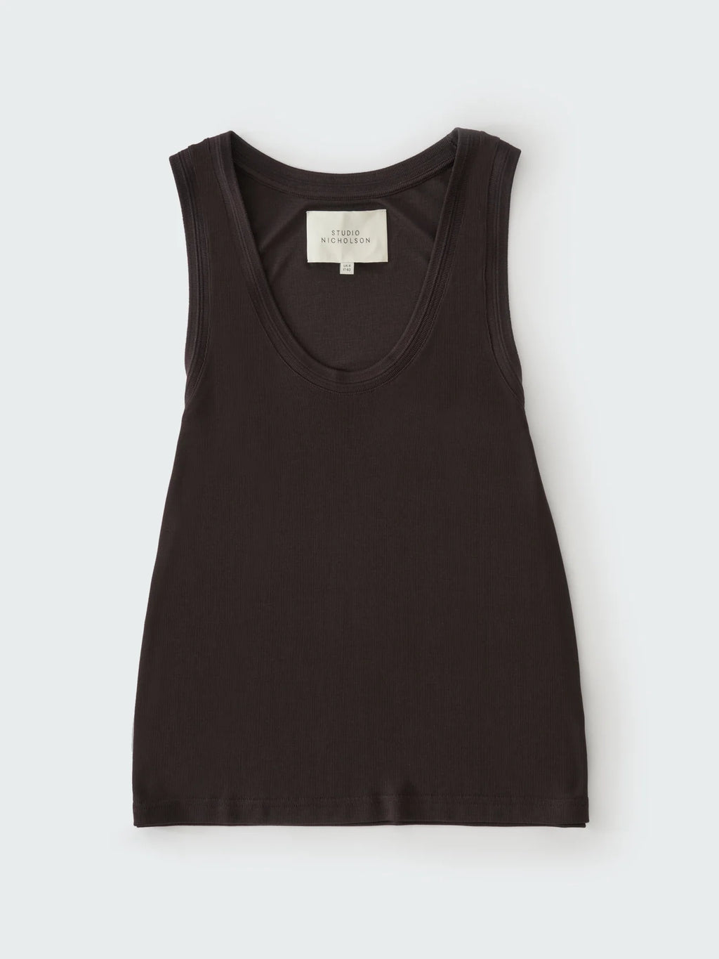 Black tank top with a visible brand label on a light gray background