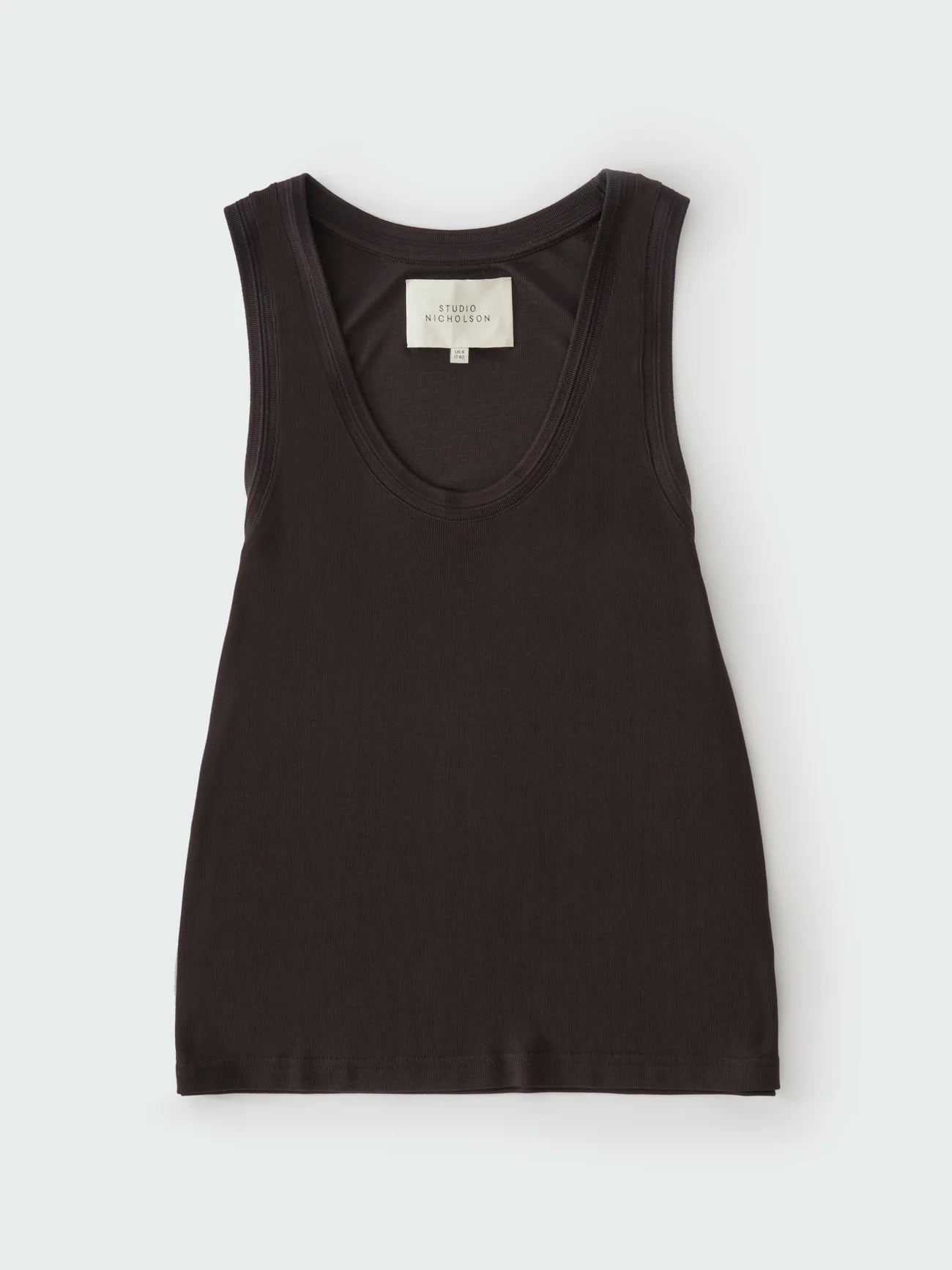 Black tank top with a visible brand label on a light gray background
