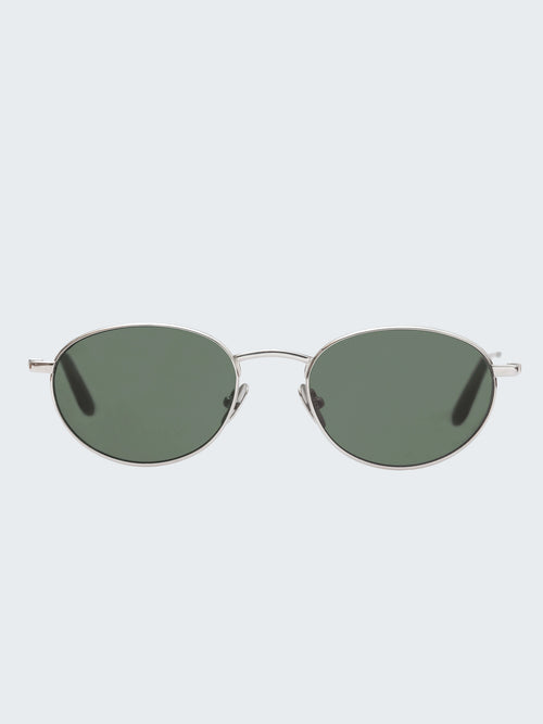 THISTLES CRUZ sunglasses in silver titanium with an oval wire frame silhouette and dark green G15 lenses.